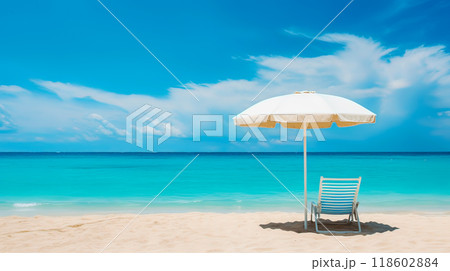 teal sunbed with white umbrella on front turquoise and clear sea with sand on beach under blue sky white cloud on summer vacation holiday 118602884