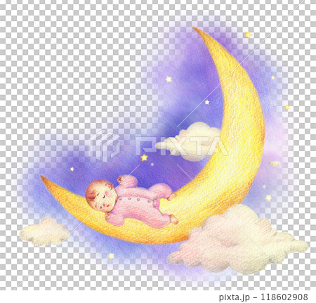 Baby sleeping on the moon and the night sky - hand-drawn colored pencil drawing Baby sleeping on the moon and the night sky - hand-drawn colored pencil drawing 118602908
