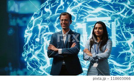 Admins using artificial intelligence computing simulating human brain thought processes in computerized model. Portrait of employees working with AI machine learning algorithms, camera A 118603066
