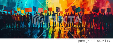 A public protest shows two opposing groups, highlighting the clash of opinions and the intensity of the demonstration, polarized landscape, division or lamination of society, banner 118603145