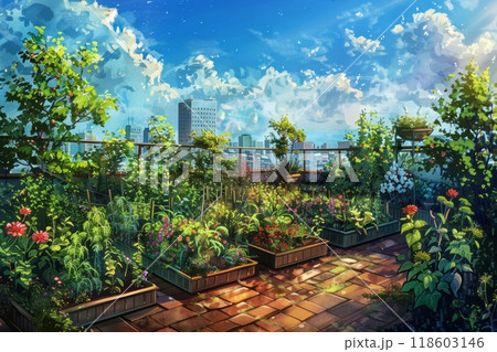A lush urban rooftop garden enhances local biodiversity, featuring diverse plants and greenery that restore natural habitat in a city environment, regenerative instead of sustainable , grow your own 118603146