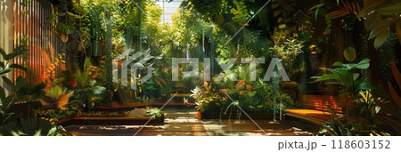 A vibrant urban rooftop garden revitalizes local biodiversity with a rich array of plants, contributing to environmental conservation and creating a sustainable city habitat, banner 118603152
