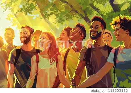 A diverse group of people smiling and holding hands in a sunlit park, embodying optimism, unity, and joy while celebrating togetherness in a bright, natural setting 118603156