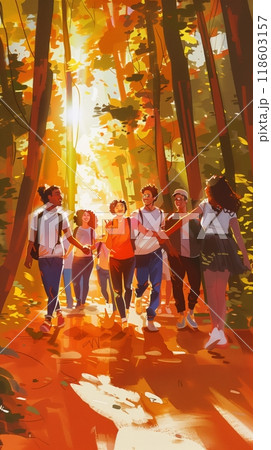 In a sunlit park, a cheerful group of diverse individuals holds hands, sharing happiness, positivity, and connection, representing community and optimism 118603157
