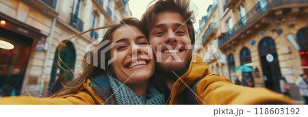 Happy young couple traveling, happy couple taking selfie against the background of a cultural tourist site 118603192