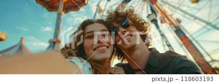 Happy young couple traveling, happy couple taking selfie against the background of a cultural tourist site 118603193