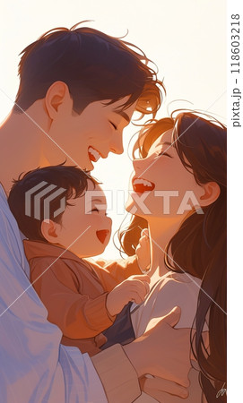Illustration of happy mom and dad holding baby's hands while playing and having fun with him, happy childhood 118603218