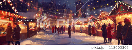 A vibrant Christmas fair features bustling market stalls filled with handcrafted gifts and delicious treats, setting the scene for a warm and festive holiday gathering, banner 118603305