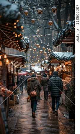 The Christmas fair is alive with market stalls offering handcrafted gifts and delicious treats, creating a cozy and inviting atmosphere perfect for holiday celebrations 118603307