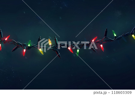 A Christmas garland with green branches, bright red and yellow lights on a string, stands out against a dark blue background, creating a vibrant and festive holiday scene 118603309