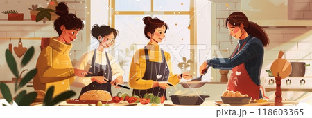 In a cozy kitchen setting, friends collaborate on baking, depicted in showcasing their interaction and the delightful process of cooking together, shared hobby for a group of people, deep connections 118603365