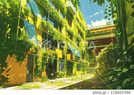 A community center with green walls showcases innovative renewable energy systems, combining eco-friendly design with modern technology for sustainability 118603366