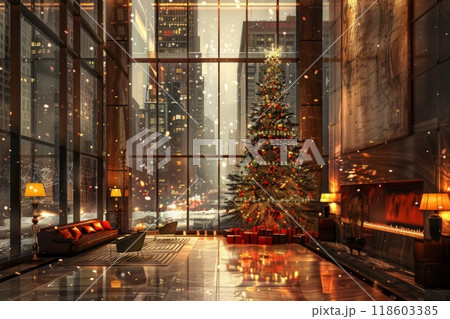 A contemporary hotel hall with full-wall windows showcasing a giant sparkling Christmas tree and a snowy New York cityscape in the background 118603385