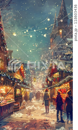 The Christmas fair is alive with market stalls offering handcrafted gifts and delicious treats, creating a cozy and inviting atmosphere perfect for holiday celebrations 118603436