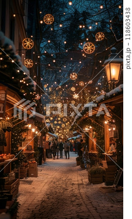 The Christmas fair is alive with market stalls offering handcrafted gifts and delicious treats, creating a cozy and inviting atmosphere perfect for holiday celebrations 118603438