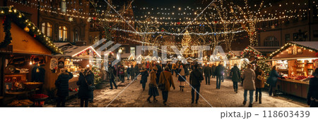 A vibrant Christmas fair features bustling market stalls filled with handcrafted gifts and delicious treats, setting the scene for a warm and festive holiday gathering, banner 118603439