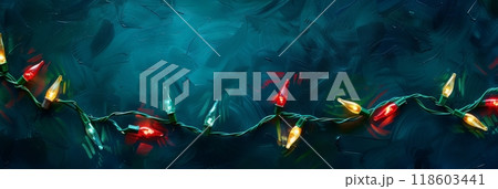This green Christmas garland adorned with red and yellow lights glows brightly against a dark blue background, adding a cheerful and inviting touch to the festive decor, banner 118603441