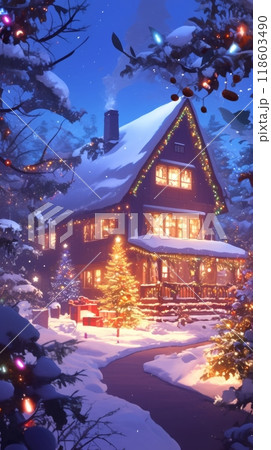 This serene holiday landscape features a cozy cottage illuminated by festive lights, nestled in a snowy forest as a scroll invites viewers into a winter wonderland 118603490