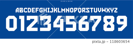 Athletic block typography, bold geometric numbers and letters design, sharp powerful font for sports branding, team uniforms, striking headlines. Vector typeset 118603654