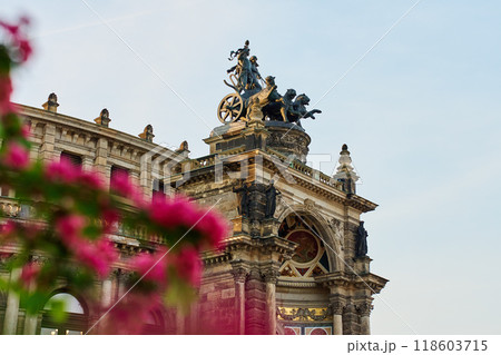 Detailed view of Semperoper Opera house facade in Dresden with architectural details and chariot sculpture on top. Germany architecture with historical building 118603715