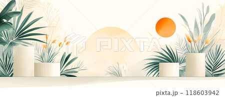 Minimalist tropical decor with plants and sun illustration Minimalist tropical decor with plants and sun illustration 118603942