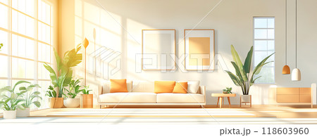 Bright and Cozy Living Room with Plant Decorations Bright and Cozy Living Room with Plant Decorations 118603960