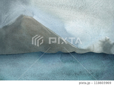 Seascape: blue water waves, grey sky and distant mountains in fog. Watercolor illustration for background. 118603969