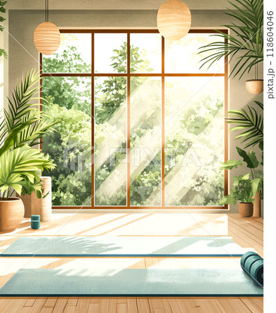 Serene Yoga Studio with Natural Light and Greenery 118604046