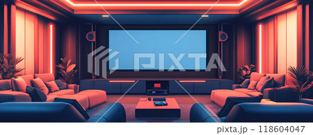 Modern Home Theater with Ambient Lighting Design 118604047