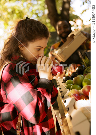Young lady looking at apples at farmers market, selecting locally sourced, organic fruits and vegetables from a stand while attending the harvest fair festival. Caucasian woman choosing fresh produce. 118604482