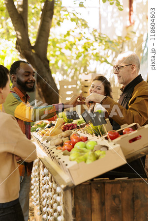 Black guy tasting freshly harvested produce at farmers market, old man fruits and vegetables vendor offering homegrown produce. Elderly farmer selling organic garden fresh food at local market. Black guy tasting freshly harvested produce at farmers market, old man fruits and vegetables vendor offering homegrown produce. Elderly farmer selling organic garden fresh food at local market. 118604603