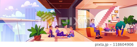 Friends spend time together at home in city. Friends spend time together at home in city. 118604906