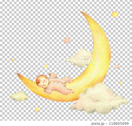 嬰兒睡在月亮、星星和雲上，手繪色鉛筆畫 118605099