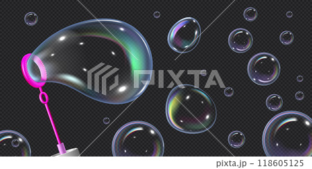 Realistic illustration of a banner with soap bubbles of different shapes with a blown ring. 118605125