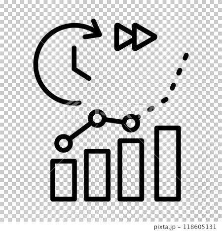 Icons representing future predictions. Includes a clock and a graph showing the future. Icons representing future predictions. Includes a clock and a graph showing the future. 118605131