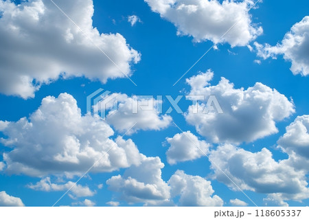 A Beautiful Sky filled with Fluffy White Clouds on a Bright and Sunny Day in Summer. Generative AI. A Beautiful Sky filled with Fluffy White Clouds on a Bright and Sunny Day in Summer. Generative AI. 118605337