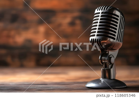 Vintage Microphone in the table. Generative AI. 118605346