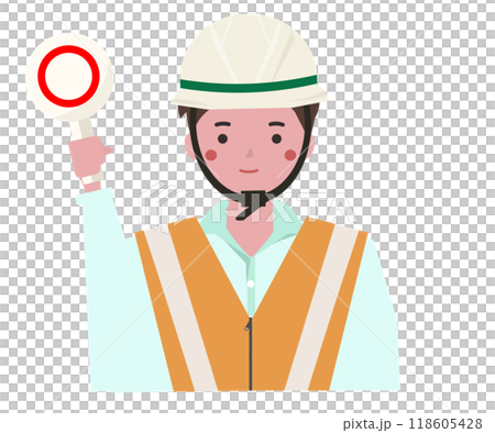 丸の札を持つヘルメットの男性。ベクターイラスト 118605428