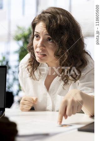 Woman feeling upset after being deemed unsuitable for position by HR expert vetting applicants. Lady disappointed by headhunter rejecting her CV after finding her work experience unsatisfactory 118605600