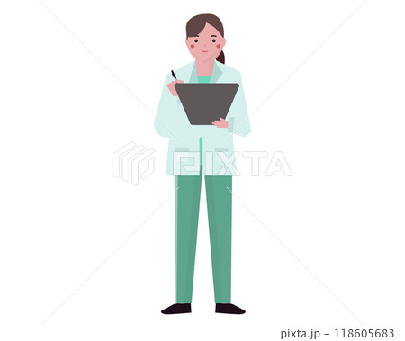 診察をする白衣を着た医者の女性。カルテを書く医師。ベクターイラスト	 118605683