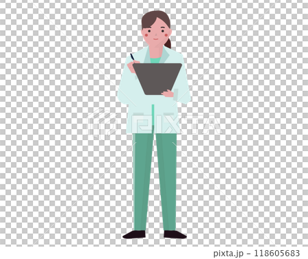 診察をする白衣を着た医者の女性。カルテを書く医師。ベクターイラスト	 118605683
