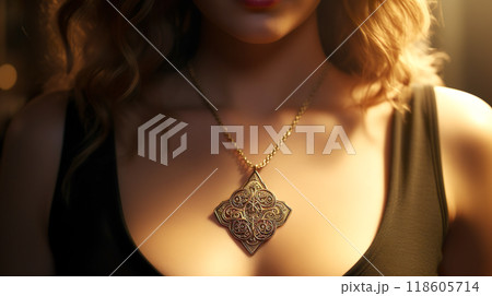 神秘的なデザインの飾りのペンダントをつけた女性の胸元のクローズアップ 神秘的なデザインの飾りのペンダントをつけた女性の胸元のクローズアップ 118605714