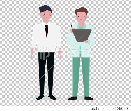 在醫院接受檢查的患者和醫生為他們進行檢查。公司健康檢查。向量圖 118606030