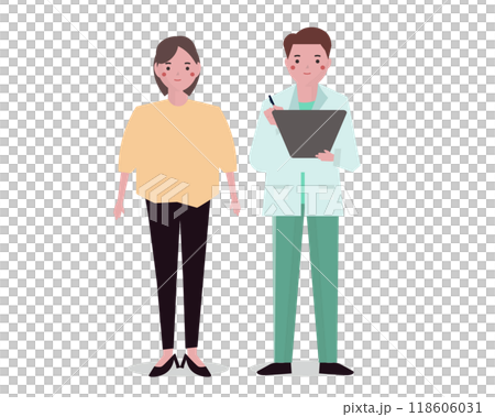 在醫院接受檢查的患者和醫生為他們進行檢查。一名婦女正在接受身體檢查。向量圖 118606031