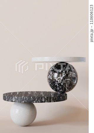 Two minimalist podiums with spheres as base. Ideal for highlighting premium goods in graceful and sophisticated manner. Empty scene. Stage, display, showcase. Marble. Beige, neutral background. 3D. Two minimalist podiums with spheres as base. Ideal for highlighting premium goods in graceful and sophisticated manner. Empty scene. Stage, display, showcase. Marble. Beige, neutral background. 3D. 118606123