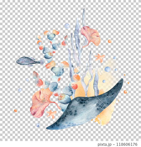 Underwater nature illustration with whimsical sea flora and ocean creatures on watercolor stain. Tropical bright ocean world with ray fishes and seaweeds hand drawn in soft orange pink. Summer design Underwater nature illustration with whimsical sea flora and ocean creatures on watercolor stain. Tropical bright ocean world with ray fishes and seaweeds hand drawn in soft orange pink. Summer design 118606176