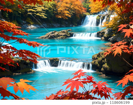紅葉に包まれた滝 118606199