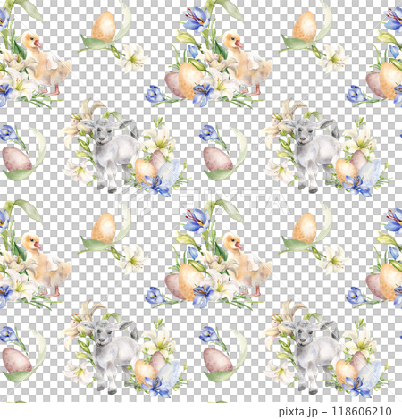 Easter lamb and white flowers seamless pattern isolated on white. Watercolor floral illustration with baby animals. Easter print with pets hand drawn. For design textile, package, wrapping paper Easter lamb and white flowers seamless pattern isolated on white. Watercolor floral illustration with baby animals. Easter print with pets hand drawn. For design textile, package, wrapping paper 118606210
