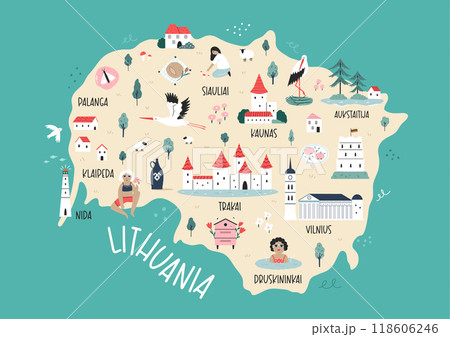 Detailed Hand-Drawn Map of Lithuania with Landmarks and Cultural Symbols 118606246