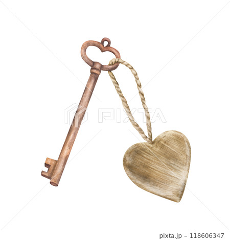 Vintage key with a heart Watercolor hand drawn illustration. Valentines Day keychain. Retro style key with wooden heart on a cord, rope. Romantic Love Clipart for gift card Isolated from background 118606347